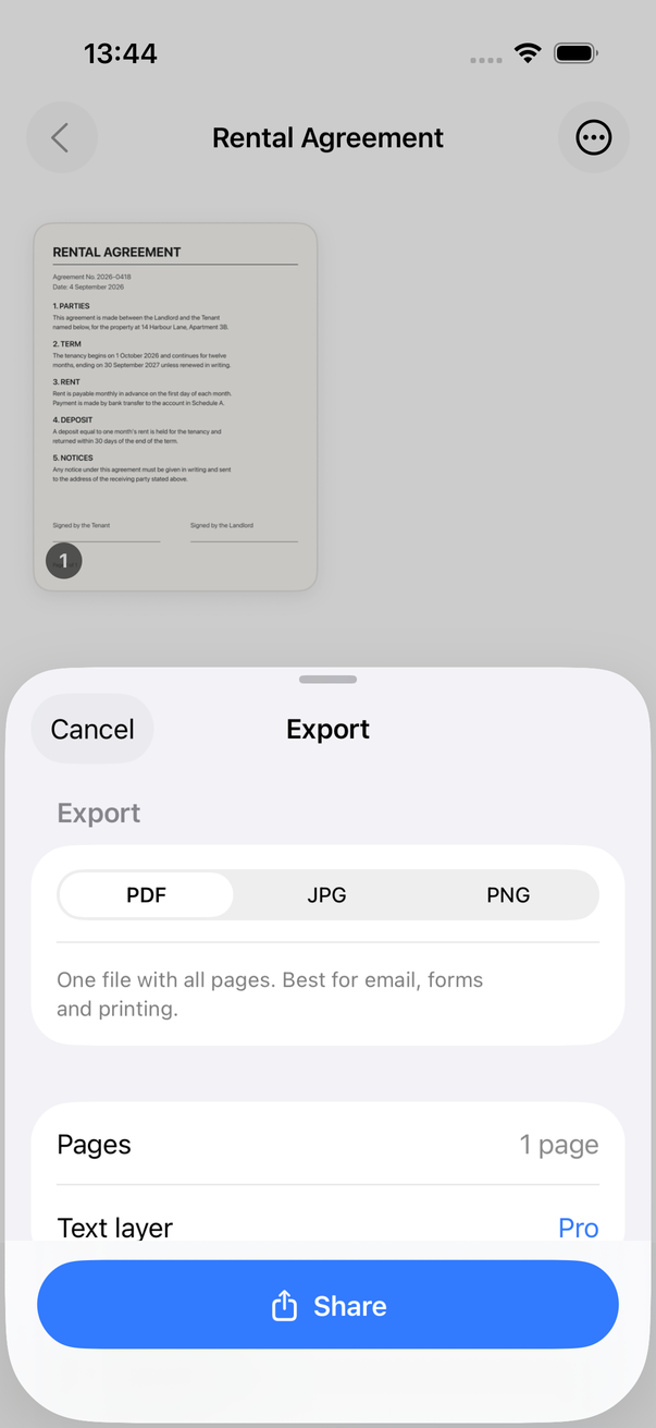 The Papertap export sheet with PDF, JPG and PNG options and a Share button