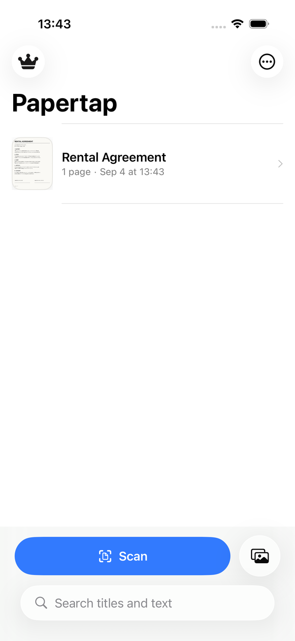 The Papertap library listing a scanned rental agreement, with a Scan button and a search field